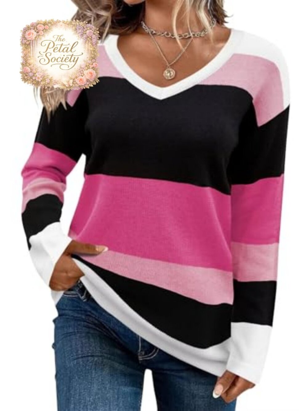 Womens Striped V Neck Long Sleeve Pullover Sweater Rib Knit Top